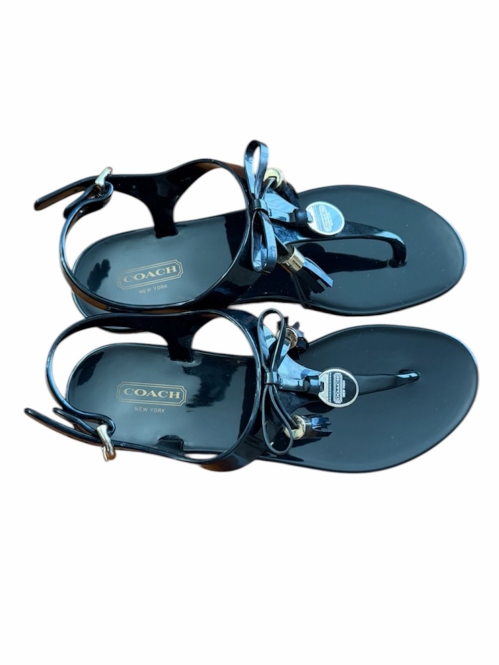 Coach Black Helma Patent T-Strap Jelly Sandals with Bow & Charm. Size 6 - Picture 4 of 8